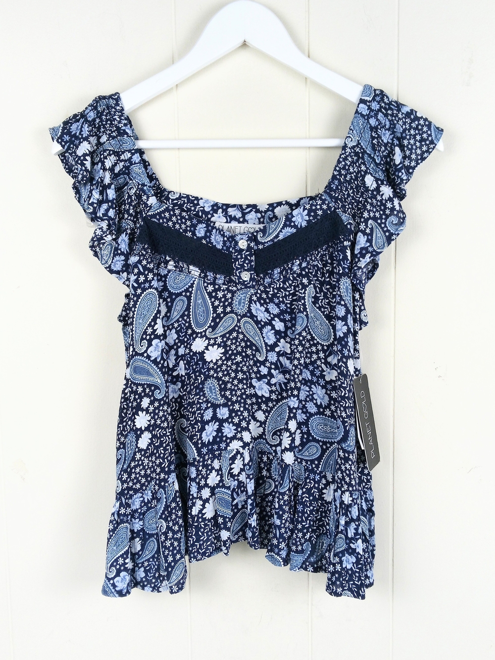 Planet Gold Cropped Babydoll Top Blue Floral Tiered Peasant Y2K Tiered Size M